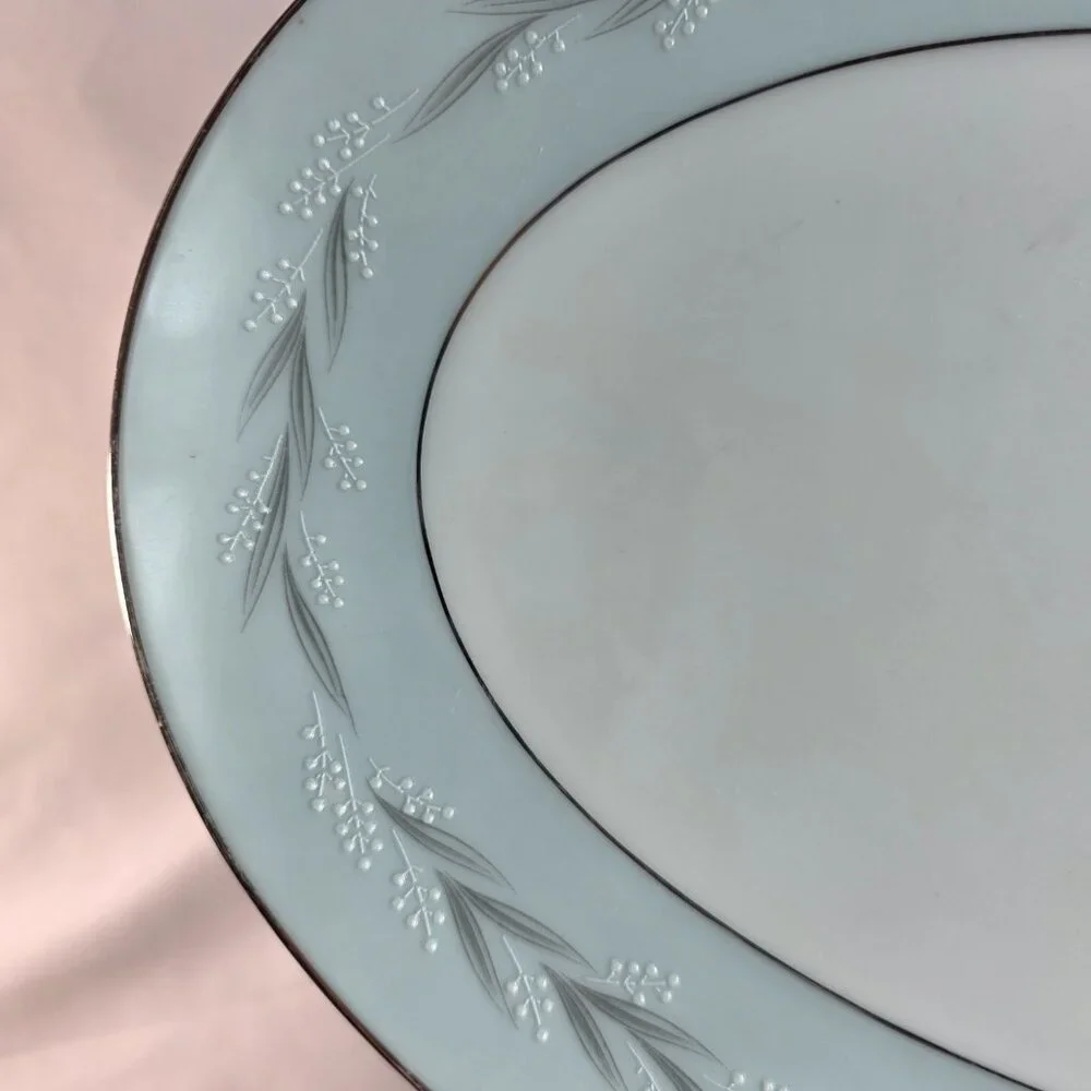 Noritake Sheldon Serving Platter 14 Inch White with Aqua Band and White Flowers